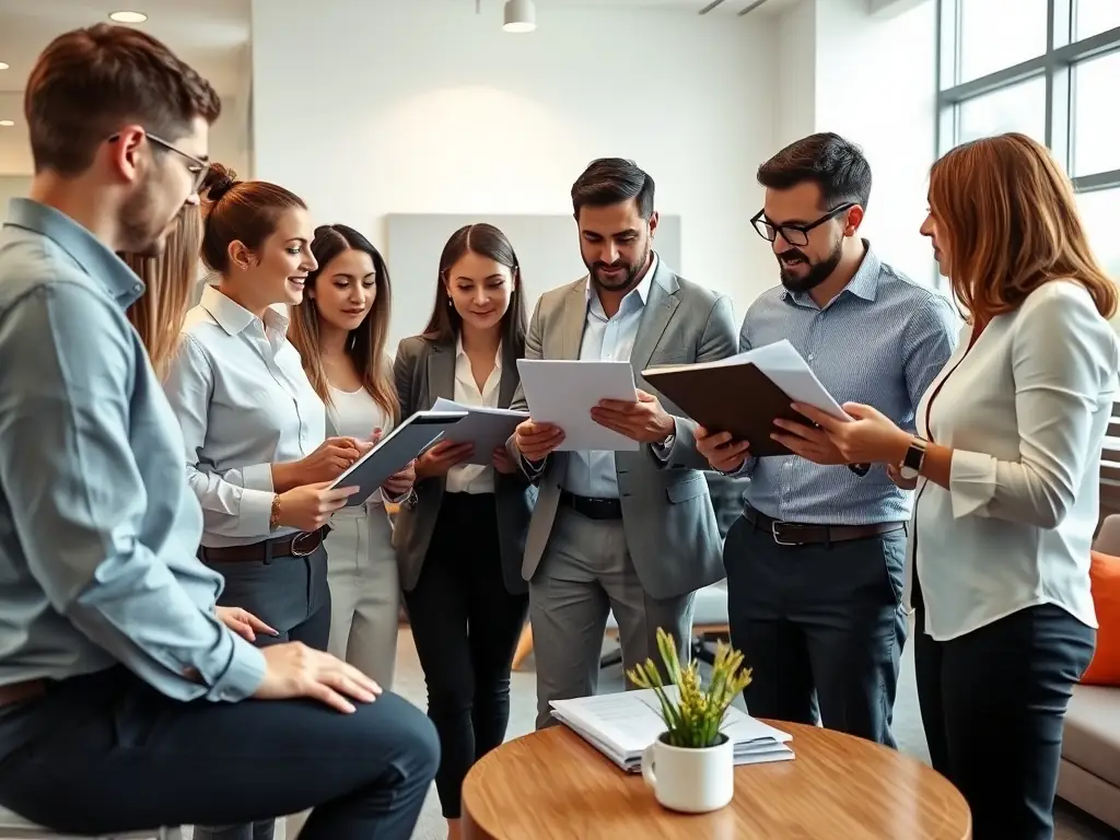 Business consultants discussing strategic plans in a modern office.
