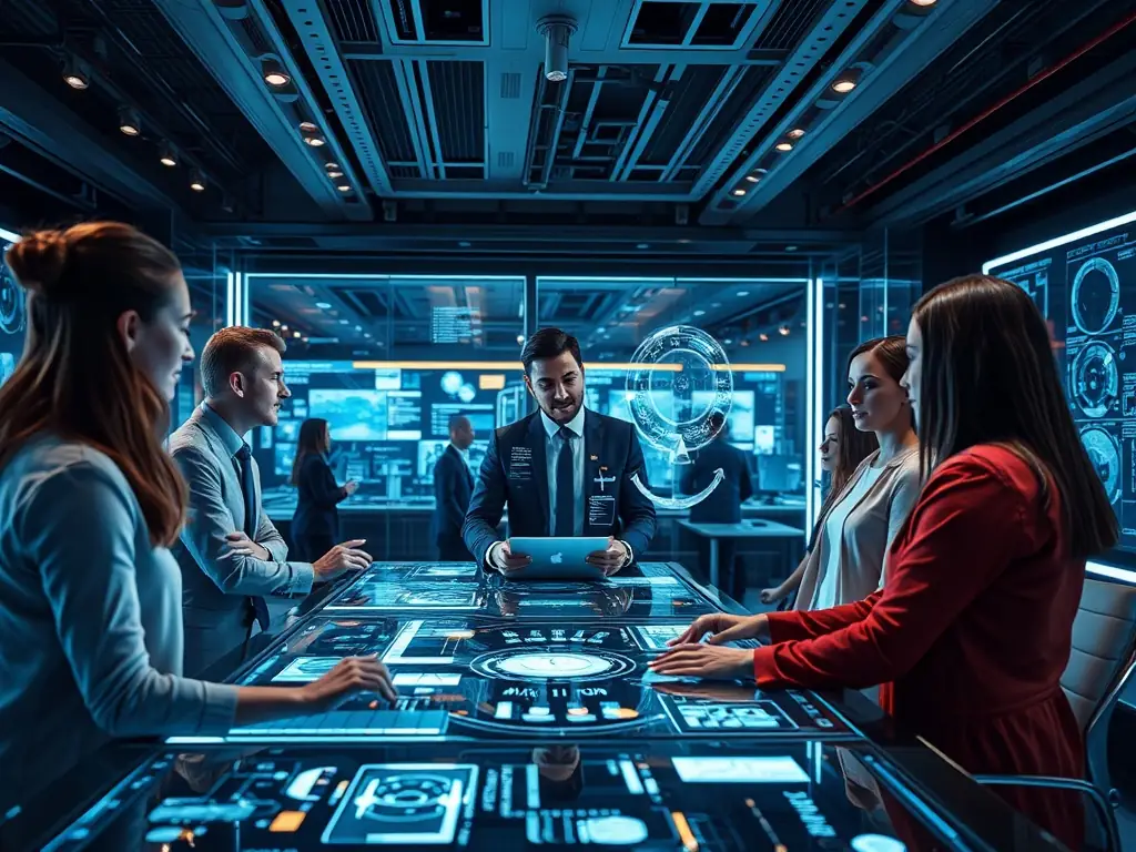 Futuristic workspace with digital interfaces and AI tools.