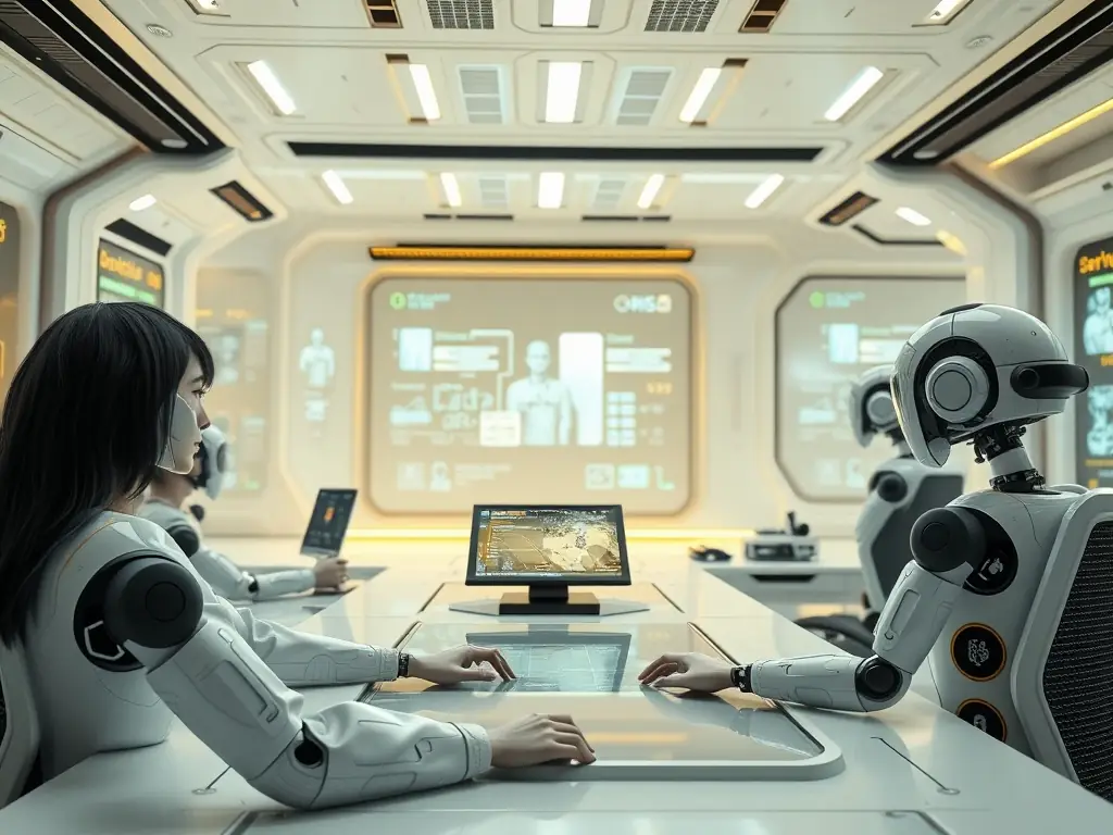 Futuristic workspace showcasing human-machine interaction.