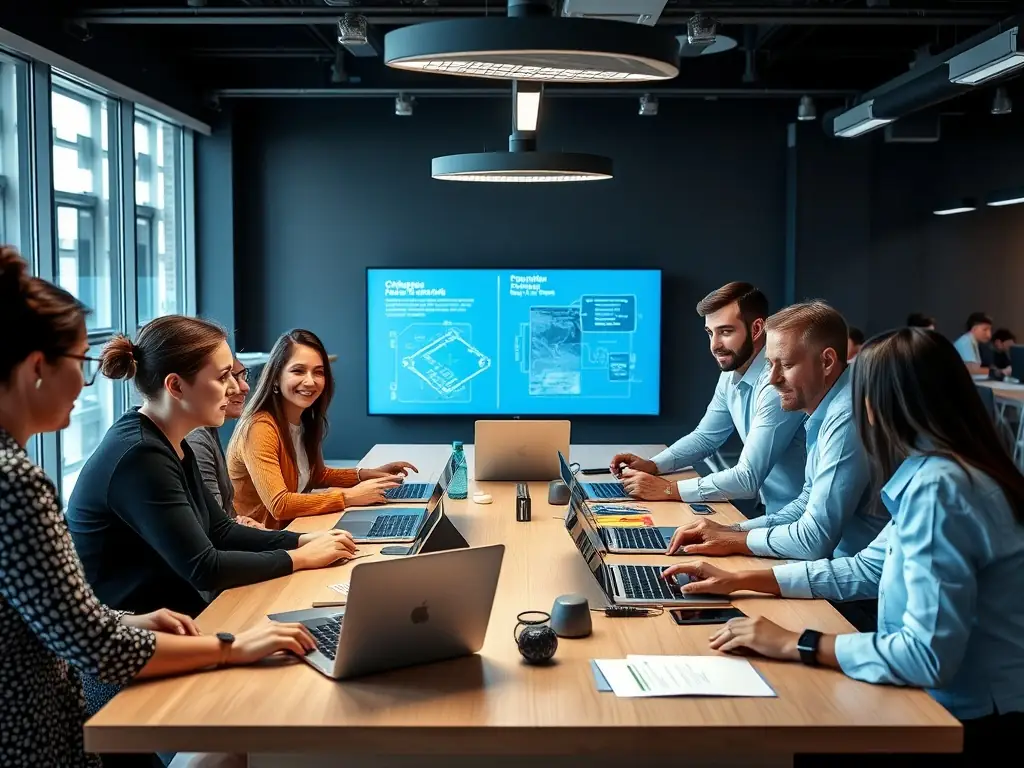 Diverse professionals collaborating in a digital workspace.