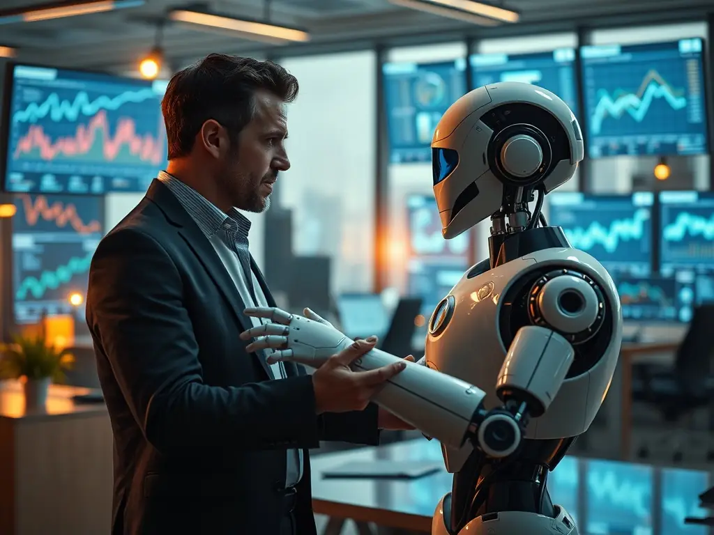 Human-machine interaction in a modern business office.