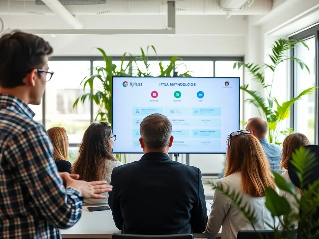 A diverse group of professionals collaborating on a digital platform in a modern office.