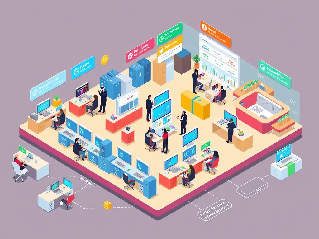 Network of professionals collaborating in a modern office.