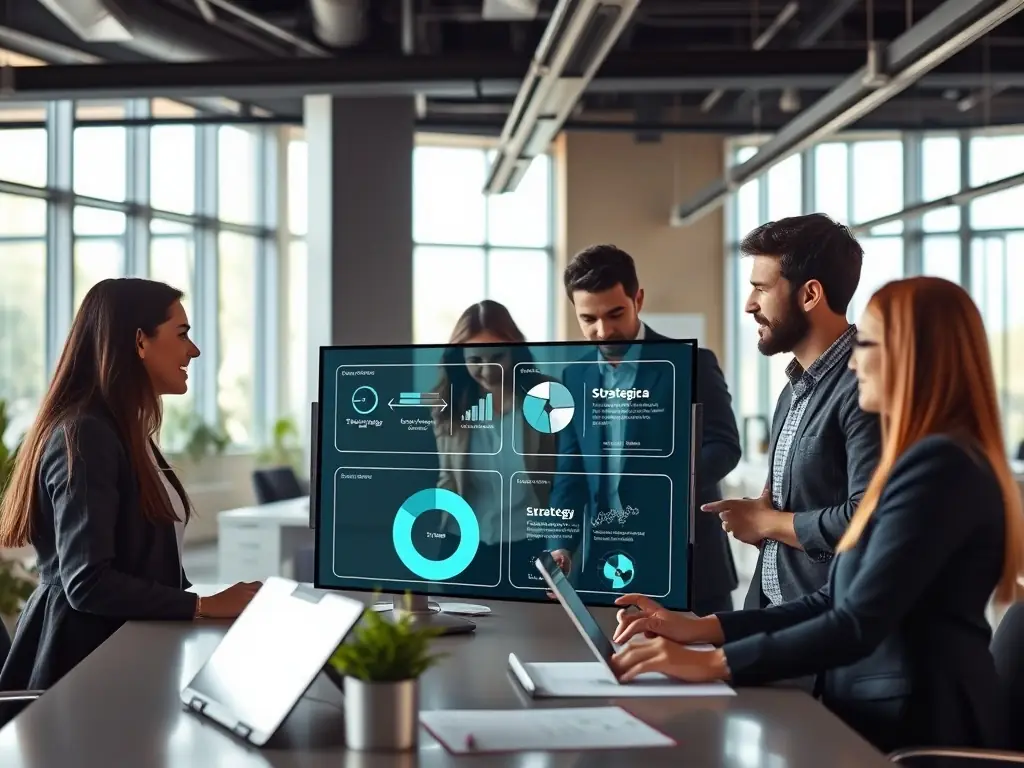 A diverse team collaborating in a modern office with digital interfaces.